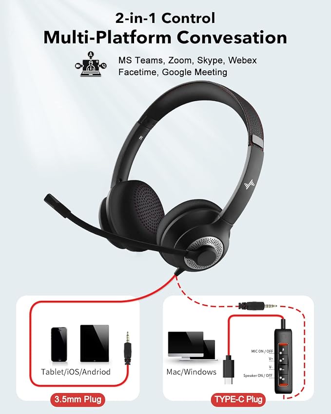 JIAMQISHI USB Headset with Microphone for PC, On-Ear Computer Laptop Headphones with Noise Cancelling Mic in-line Control for Home Office Online Class Zoom (Type C+3.5mm, Black)