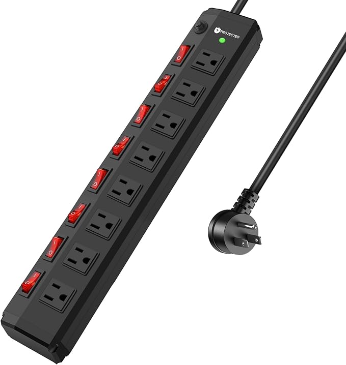 8 Outlet Heavy Duty Power Strip with 8 Individual Switches,Moutable Metal Power Strip Surge Protector 1200 Joules,6FT 14AWG Extension Cord,15A 1800W 125V 60Hz