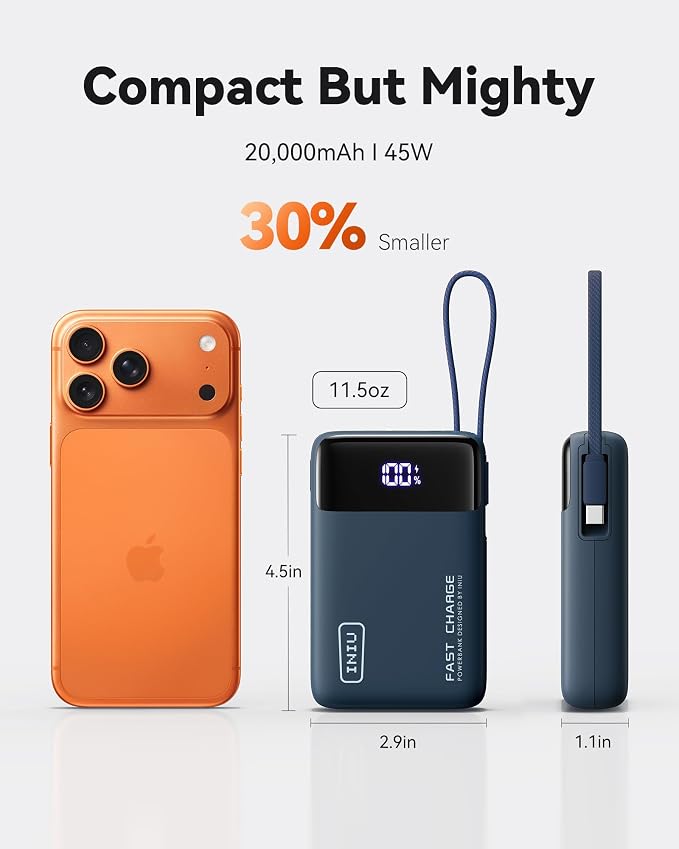 INIU 20000mAh Power Bank, Small 45W PD Fast Charging Portable Charger with Built-in USB C Cable, Flight-Safe Travel External Phone Battery Pack for iPhone 17 Pro Max Samsung S26 iPad etc, Blue