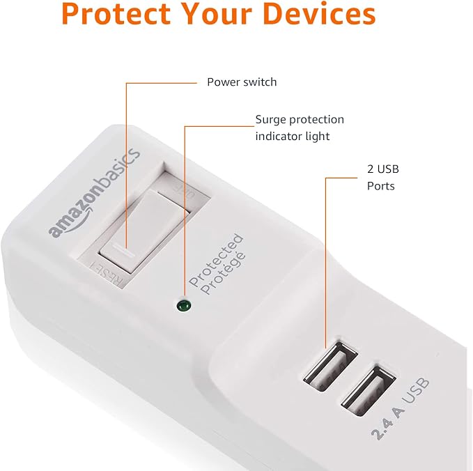 Amazon Basics Power Strip Surge Protector with 6 Outlets, 2 USB Ports, 1000 Joule Protection, 6-Foot Extension Cord, White