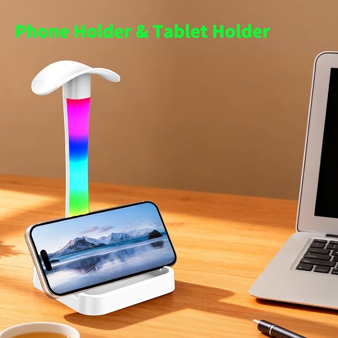 Headphone Stand with Charger,Gaming Headset stand with RGB Light Mode,For Airpod Max Stand,Desk Lamp,Phone Holder,Tablet Holder,desktop organizer,Gifts for Gamers & Music Lover (White)