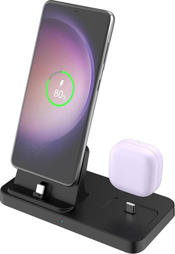 2 in 1 Charging Station for Multiple Devices, Charger Dock for iPhone 17/16/15 Series with Type-C Interface and Samsung Galaxy S25 Ultra/S25/S24/Note20/A55/A35/Z Fold/Z Flip and Earbuds, Black