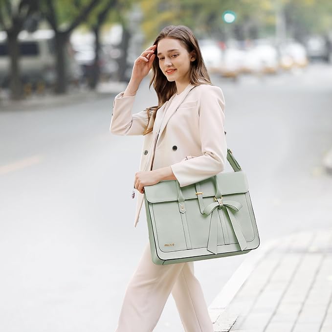 MOSISO Laptop Bag for Women, 17 inch PU Leather Laptop Shoulder Bags Convertible Backpack, 17.3 inch Messenger Bags Casual Handbag Work Briefcase Travel Computer Bag with Bowknot, Sage Green