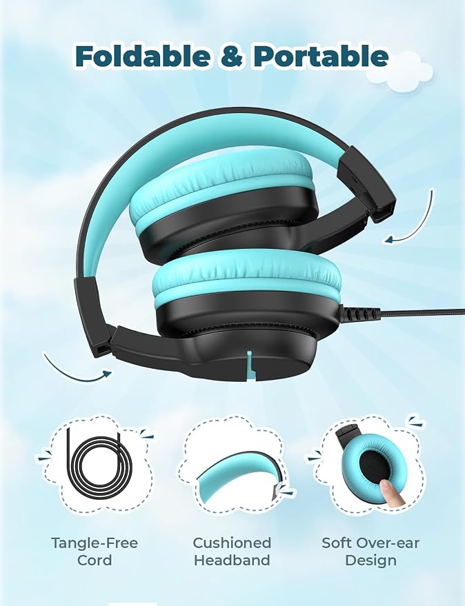 iClever HS19 Kids Headphones with Microphone for School, Volume Limiter 74/85dBA, Over-Ear Girls Boys Headphones for Kids with Shareport, Foldable Wired for iPad/Travel (Black)