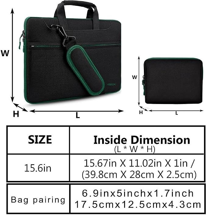 Hseok Laptop Shoulder Bag 15-15.6 inch Shockproof Water-Resistant HandBag with Small Case Compatible with MacBook Pro Neo 16" M5 M4 M3 M2 M1, Mac Pro Air 15", XPS 15/16, Most 15" 15.6" 16",BK-green
