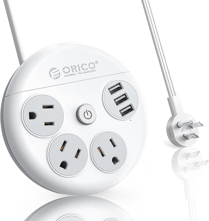 Flat Extension Cord 10 ft, ORICO Round Power Strip with 3 USB Ports and 3 Outlets, Long Extension Cord Flat Plug Outlet Extender, Cruise Power Strip Cruise Approved Travel Essential - White