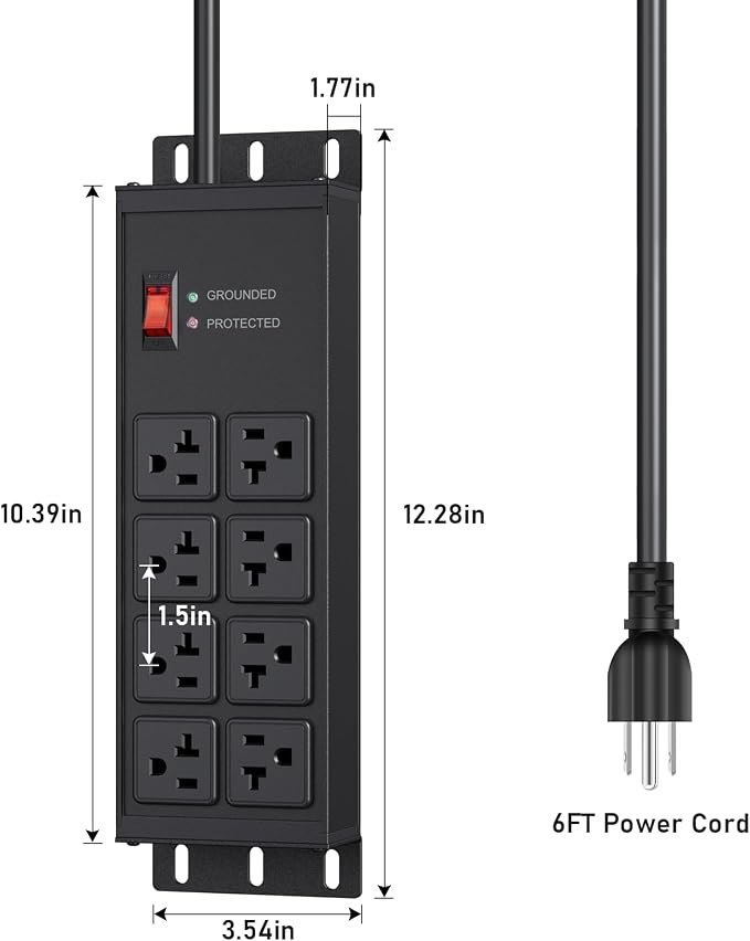 JUNNUJ Heavy Duty Surge Protector Power Strip 4800J, Garage Metal 8 Outlets 20 Amp 12 Gauge, High Amp 5-15P Adapter Shop 6-20R T-Slot Industrial Outlet, 6 FT Extension Cord Commercial for Appliance