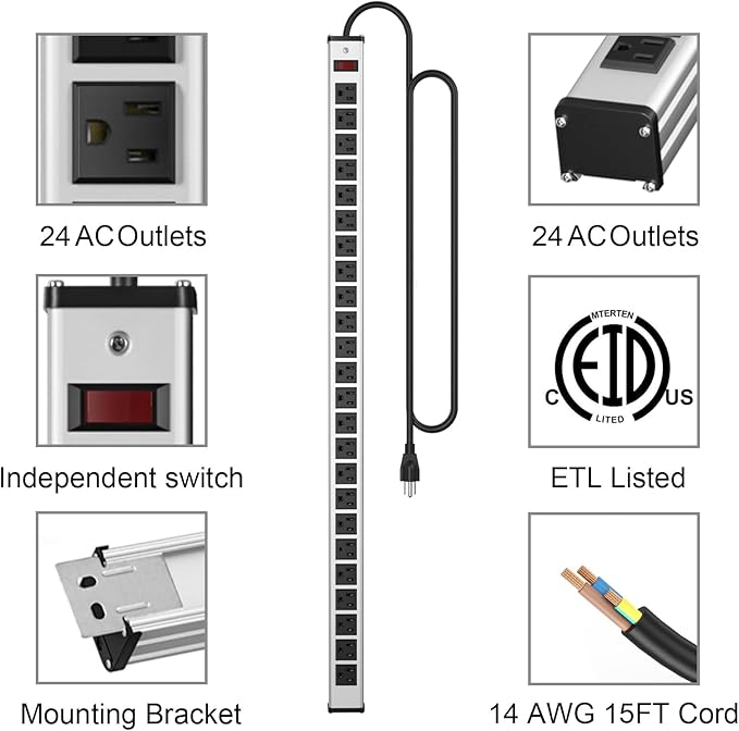 24 Oulet Long Power Strip,Heavy Duty Metal Socket Power Strip,Aluminum with 15-Foot Extension Power Cord,ETL Certified