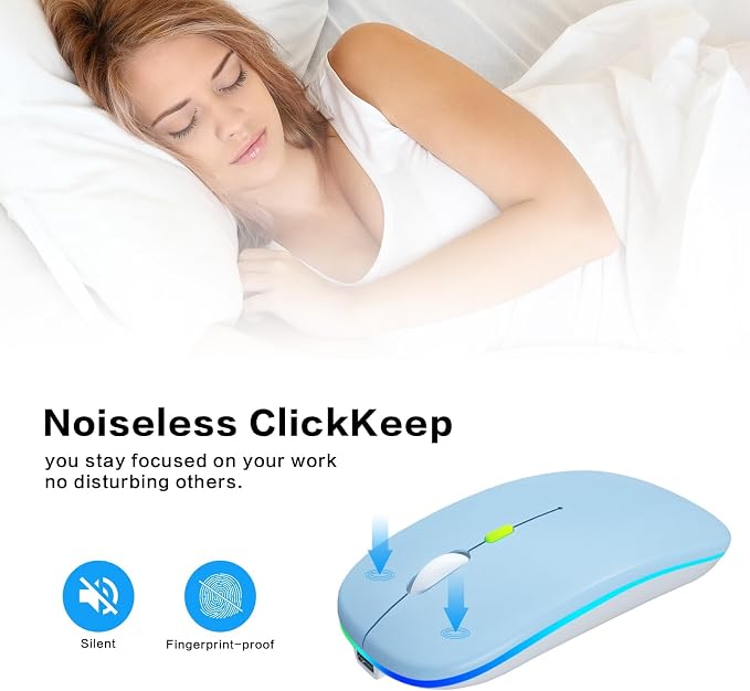 AIKOKOK Wireless Bluetooth Mouse, Rechargeable, Dual Mode Bluetooth 5.2 & 2.4G USB, LED Lights, Slim, Silent, Portable Computer Mouse for Laptop, PC, MacBook, iPad, Tablet (Blue)