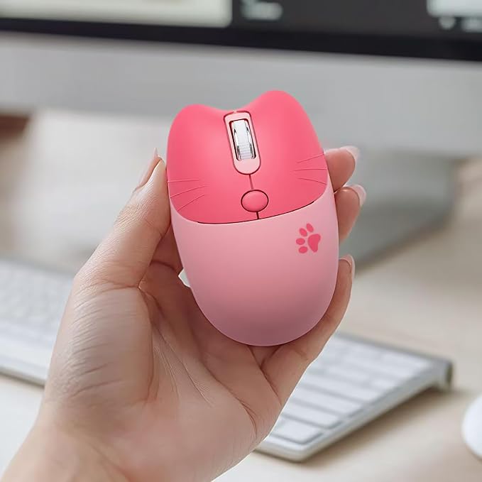 Lomiluskr Cute Cat Wireless Mouse, Lightweight Soundless Mice, 2.4G Wireless Mice, Candy Colors, Kawaii Mouse for Girls and Kids (Pink)