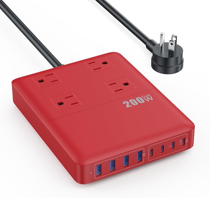 200W Charging Station,12-in-1 USB C Power Strip with Flat Plug and 5ft Extension Cord,4 AC Outlets,4 USB-A,4 USB-C Ports for iPhone 17/16/15,65W Fast Laptop Charger for MacBook,Home,Office(Vermilion)