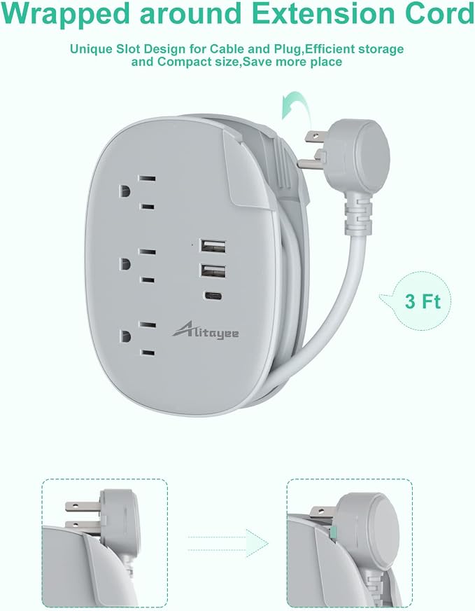 Alitayee USB C Portable Travel Power Strip with 3 Outlets 3 USB Ports Fast Charge, USB Extendable Outlet Extender with Flat Plug and 3ft Wrapped Around Extension Cord for Cruise Travel Home Office