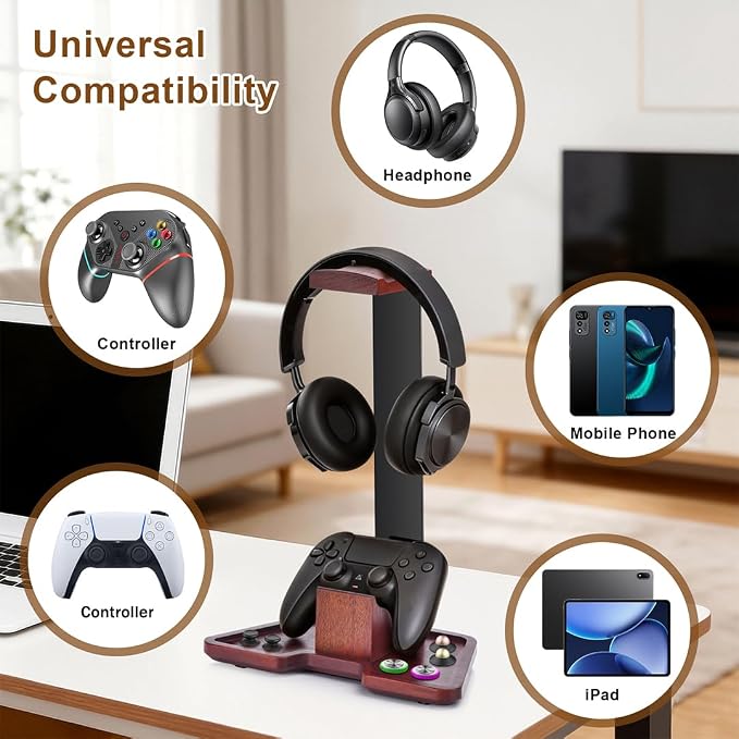 Headset Stand with Gaming Controller Holder, Walnut Wood Headphone Stand with Storage Base,Gaming Equipment Accessories for Desk, Boyfriends, Brothers, Xbox, PS4, PS5, PC