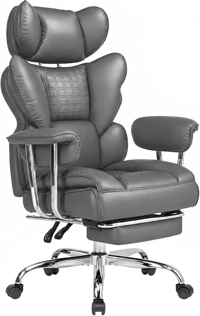 DUMOS Big and Tall Office Chair 350 LBS, Scratch-Resistant PU Leather Executive Office Desk Chair with Footrest, Ergonomic Reclining Computer Chair with Pocket Spring Support for Home Office, Grey
