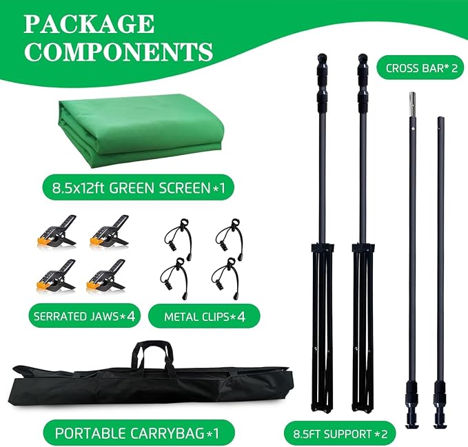 2-in-1 Green Backdrop Stand Kit - 8.5x12 ft Green Backdrop with 10x8.5ft Portable Photography Stand for Video Streaming,Zoom Meetings,Parties,Anti-Wrinkle Polyester Fabric