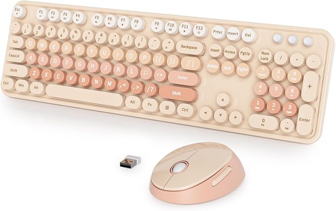 Fogruaden Retro Typewriter Keyboard and Mouse Wireless, 2.4GHz Office Full-Sized Colorful Computer Keyboard with Number Pad and Cute Mouse for Windows PC Desktops Laptop