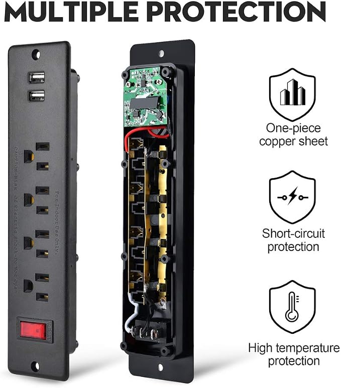 Mountable Power Strip Recessed Power Strip with USB 4 Outlet 2 USB Multiple Protection Built in Conference Desk Counter Workbench for PC Home Electric Appliance ETL Listed(Black)