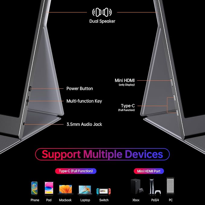 Anyuse 4K Portable Monitor 15.6" 3840x2160 UHD USB-C HDMI Laptop Monitor, 100% RGB IPS Computer Gaming Display HDR Travel Monitor w/Speakers & Smart Cover for Laptop Xbox PS5 Switch PC Phone