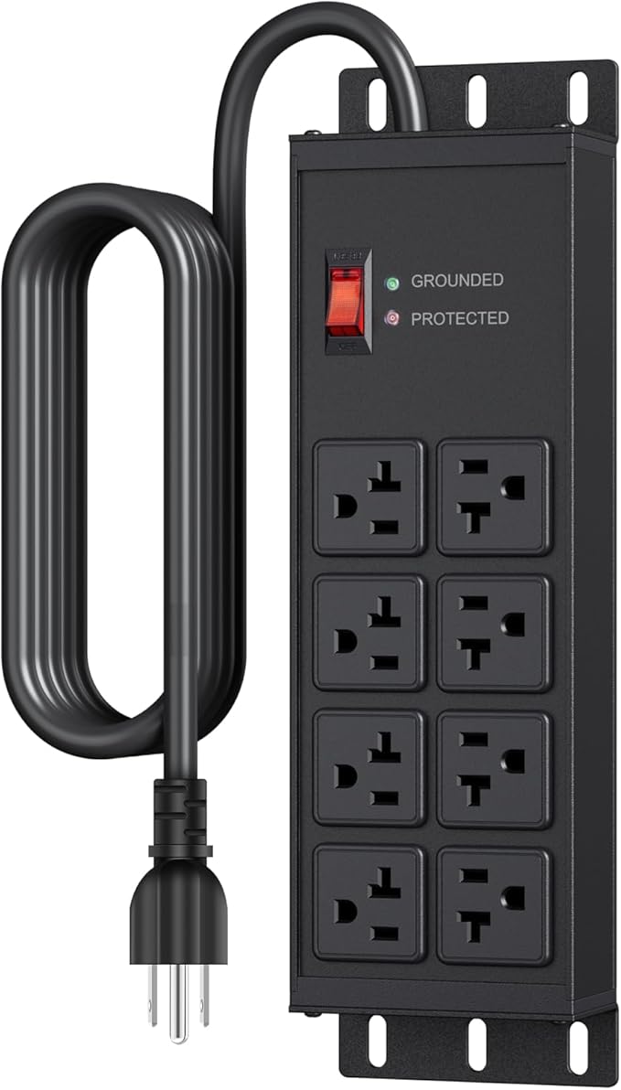 JUNNUJ Heavy Duty Surge Protector Power Strip 4800J, Garage Metal 8 Outlets 20 Amp 12 Gauge, High Amp 5-15P Adapter Shop 6-20R T-Slot Industrial Outlet, 25 FT Extension Cord Commercial for Appliance