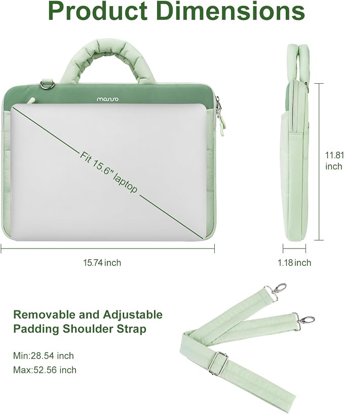 MOSISO 360 Protective Laptop Bag for Women, Puffy Lightweight Rectangle Quilted Carrying Case Shoulder Bag with Trolley Sleeve, 15-16 inch Computer Bags Laptop Sleeve with Handle & Front Pocket, Green