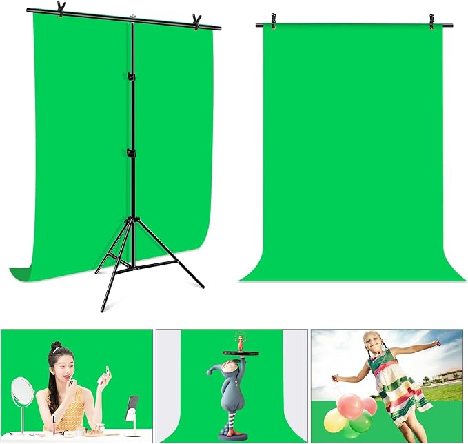Green Screen Backdrop Kit with Stand, PULUZ 3.2x6.5ft Portable GreenScreen Background Stand, T-Shape Green Screen Stand kit with Clamp Carrying Bag for Streaming Video and Photography Shoots