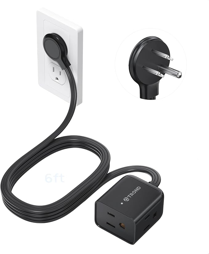 TROND Flat Extension Cord 6 Feet - Right Angled Flat Plug Power Strip, ETL Listed, 3 Plug Extension Outlets, Three Prong, SPT 16/3 Gauge, 13A, Small for Indoor Home Office Cruise Ship Travel, Black