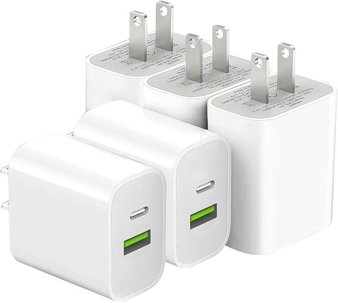 4 Pack USB C Charger Block,20W USB-C & USB-A Port Charger，for i Phone 17/16/15/14/13/12/11/X/8, i Pad and More (5P White)