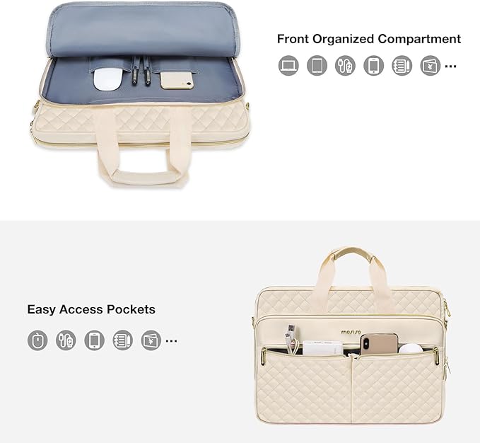 MOSISO 15-16 inch Laptop Bag, Laptop Briefcase Messenger Compatible with MacBook Pro 16/Air 15, HP, Dell, Lenovo, Square Quilted Computer Bag Work Office Business with 3 Pockets&Strap, Beige