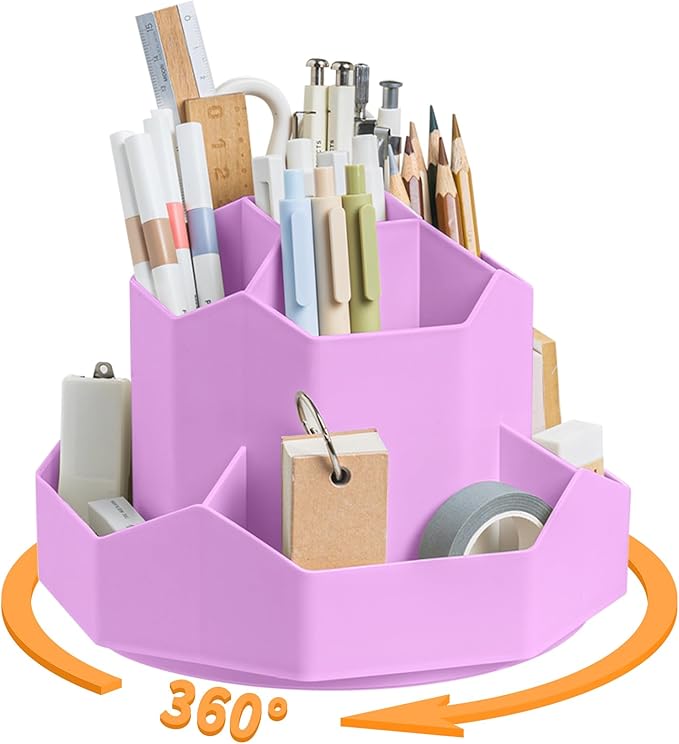 Pencil Pen Holder for Desk,9 Slots 360 Degree Rotating Desk Organizers,Desktop Storage Stationery Supplies Organizer, Cute Pencil Cup Pot For Office, School, Home(Purple)