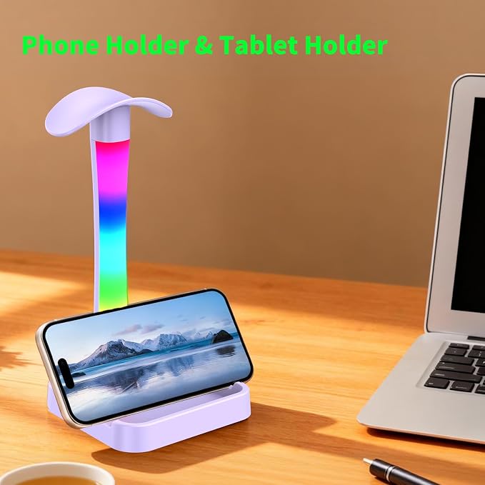 Headphone Stand with Charger,Gaming Headset stand with RGB Light Mode,For Airpod Max Stand,Desk Lamp,Phone Holder,Tablet Holder,desktop organizer,Gifts for Gamers & Music Lover (Purple)
