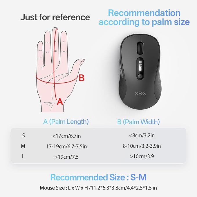 XBG B15pro Wireless Bluetooth Mouse, Bluetooth 5.0/4.0 & 2.4G Tri-Mode, Type-C Rechargeable with LED Screen Display, Ergonomic Silent Click for Laptop/PC/Tablet, Multi-Device & Office Use