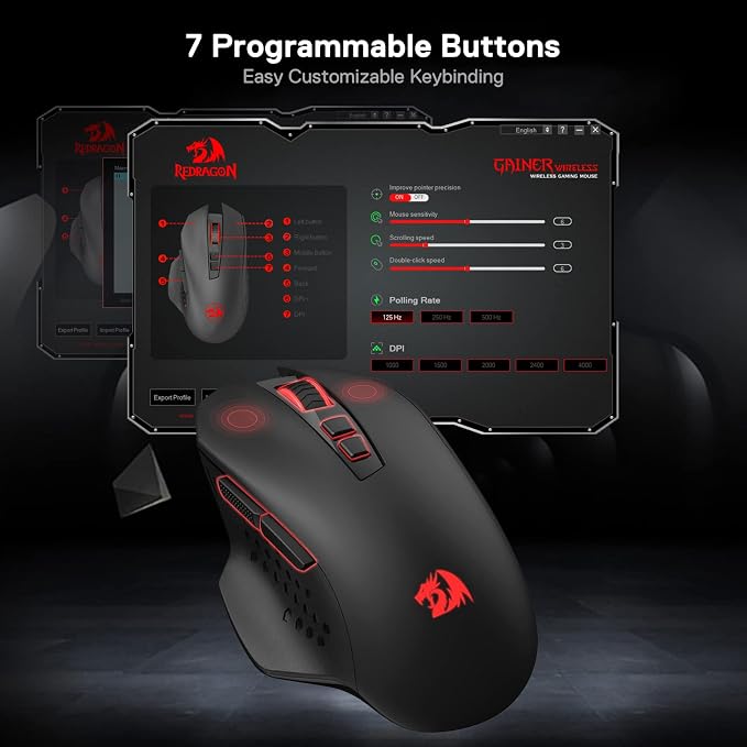 Redragon M656 Gainer Wireless Gaming Mouse, 4000 DPI 2.4Ghz Wireless Mouse w/ 5 DPI Levels, 7 Macro Buttons, Red LED Backlit & Pro Software/Drive Supported, for PC/Mac/Laptop