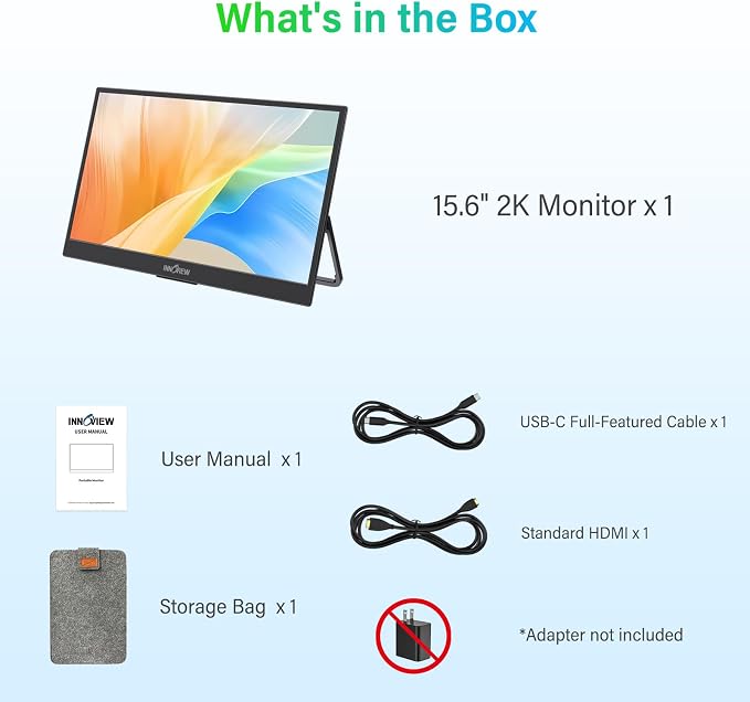 InnoView 2K Portable Monitor 15.6" QHD 100% sRGB, Built-in 180° Adjustable Stand Travel Monitor USB C Standard HDMI Ultra-Slim Portable Monitor for Laptop MacBook Phone PS5 Xbox Switch