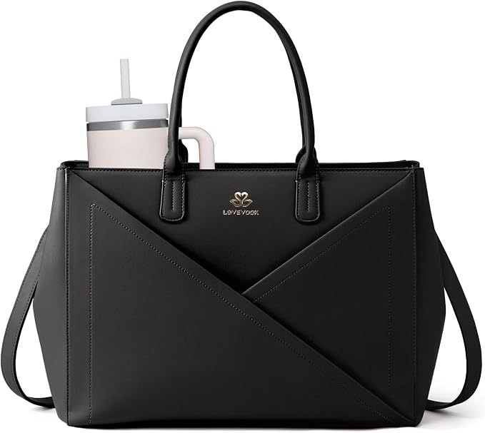 LOVEVOOK Laptop Tote Bag for Women with Large Cup Holder, 17.6 Inch PU Leather Work Bag Teacher Tote Bag, Waterproof Computer Bags Business Office Briefcase Handbag