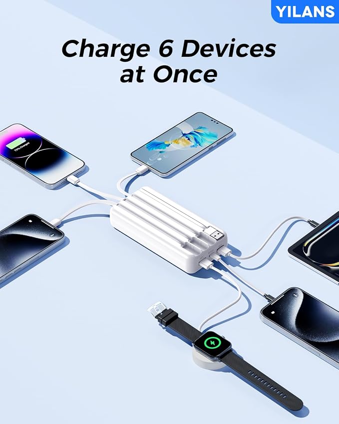 Portable Charger,50000mAh Power Bank Built-in Cable, 22.5W PD USB C In & Out Fast Charging, External Battery Pack with 6 Output & 2 Input, Travel Phone Charger for iPhone 17/16/15/14/13/12(White)