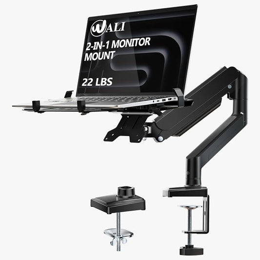 WALI Laptop Desk Mount, Single Monitor Arm with Laptop Holder, Adjustable Height Laptop Arm Mount for Desk, Fits 17” Notebook and 34” Monitors, Up to 22-26.4Lbs (GSMP001LPN), Black