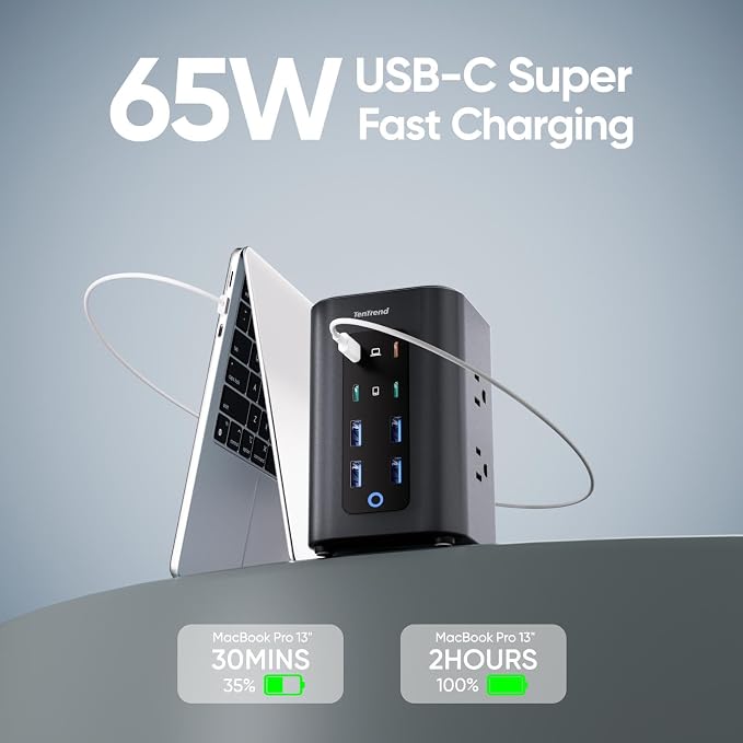 TenTrend Power Strip Tower, 230W Total Fast Charging Station for Multiple Devices, 10FT Extension Cord Tower with 6 Outlets 8 USB(4 USB C), 2000J Surge Protector for Home Office, Dorm Essentials