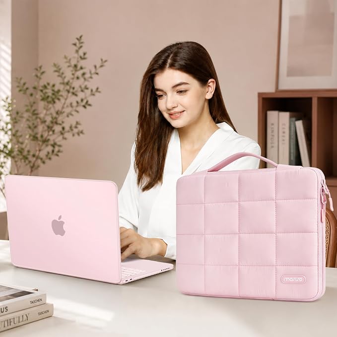 MOSISO Compatible with MacBook Neo Case 13 inch 2026 Release A3404, Seamlessly Closes Scratches & Fingerprints Resistant Hard Shell&Sixteen Grid Puffy Bag&Keyboard Skin&Type C&Screen Film, Blush