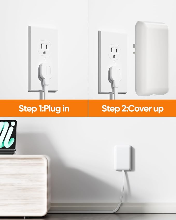 Olcorife Flat Outlet Extender with Cover, Flat Plug Power Strip with 6 AC Outlets, 2000 Joules Surge Protector, 5FT Flat Extension Cord, Home Office Travel Dorm Room Essentials