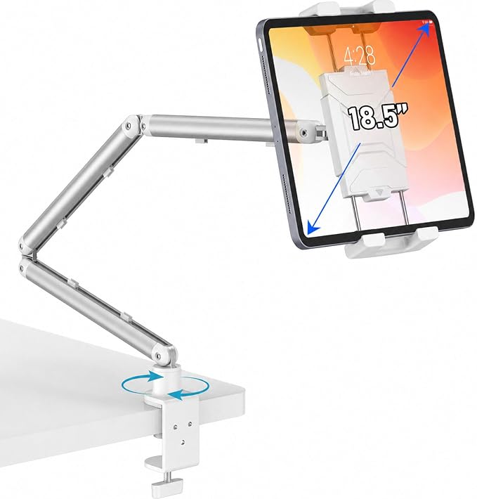 Portable Monitor Stand 15.6", Heavy Duty Tablet Arm Mount with Desk Clamp, Sag-Free Adjustable iPad Holder for Bed, 360° Foldable Arm Fits 4.7"-18.5" iPad Pro/Air/Mini, 2.2lbs Capacity, White