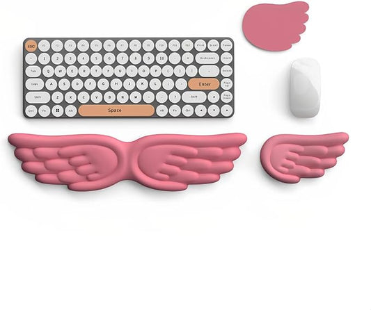 Angel Wing Wrist Rest Ergonomic Memory Foam Wrist Rest for Computer Keyboard Mouse Set with Cup Mat, Cute Gaming Keyboard Cushion Hand Support PU Leather Surface Anti-Slip Waterproof (Rose Red)