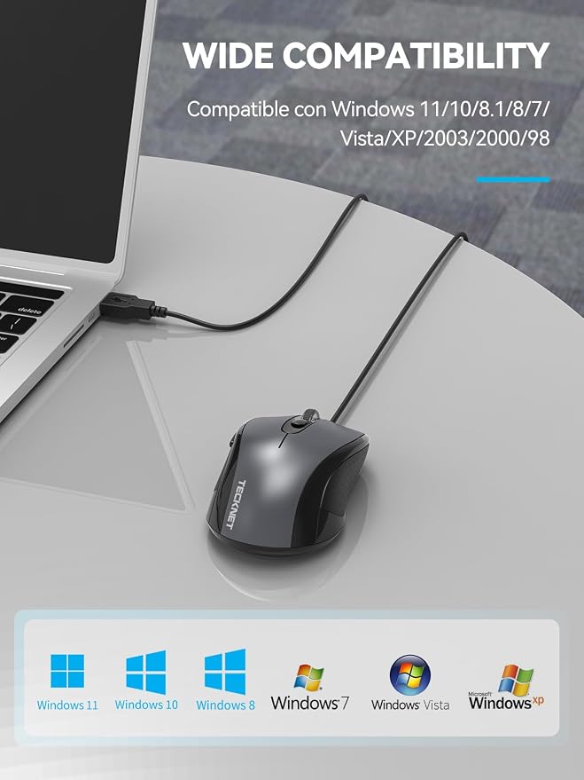 TECKNET Computer Wired Mouse, USB Mice for Laptop with 6-Button, 3600DPI Optical PC Wired Mouse, Home and Office 5FT USB-A Corded Comfortable Mice, Plug & Play, NO Battery Required- Light Grey