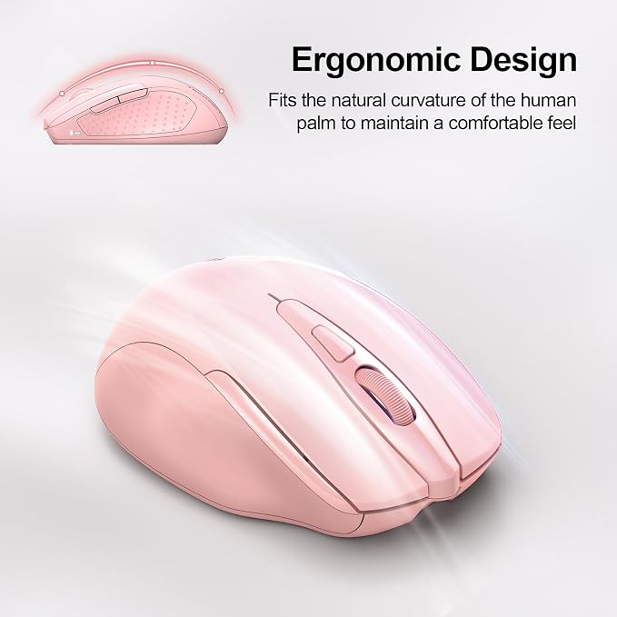 TECKNET Wireless Mouse Rechargeable, 2.4G USB-A Silent Mouse, Quiet Click, 6 Adjustable 4800 DPI, Cordless Computer Mice, Ergonomic Mice for Laptop, 6 Buttons for Chromebook, Ergo Grip - Pink