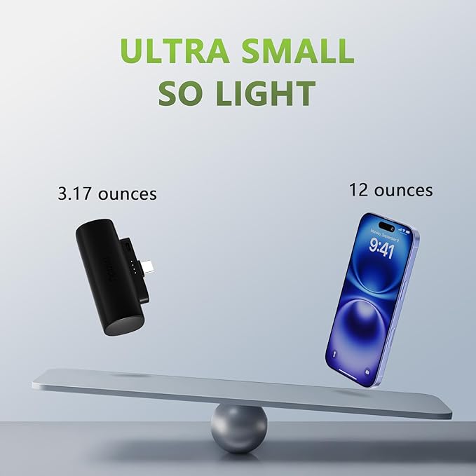 Miady 2-Pack 5000mAh Mini Portable Charger with Built-in Type C Connector, USB-C Output Charging Small Power Bank, Ultra-Compact Battery Pack Compatible with iPhone 17/16 (Cream Blue+Champagne Pink)
