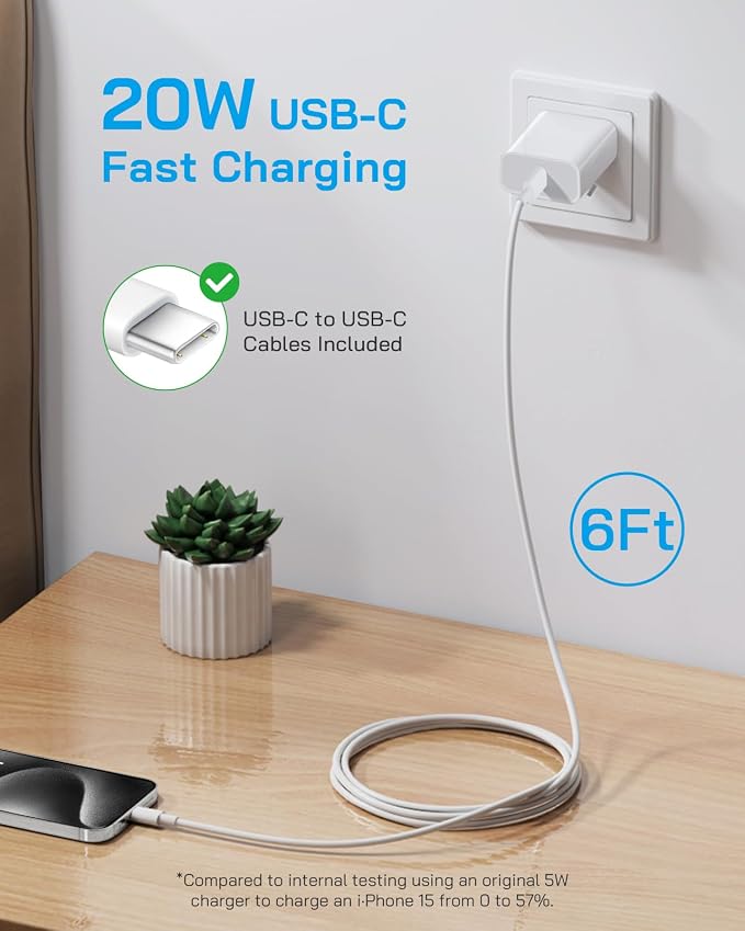 AISNI iPhone 17/16/15 Charger Fast Charging 3 Pack 20W USBC Charger Block with 6 FT Type C Charger Fast Charging Cord Compatible with iPhone 17/17 Plus/17/16/15 Pro Max/16/16 Plus/15/iPad Pro-White