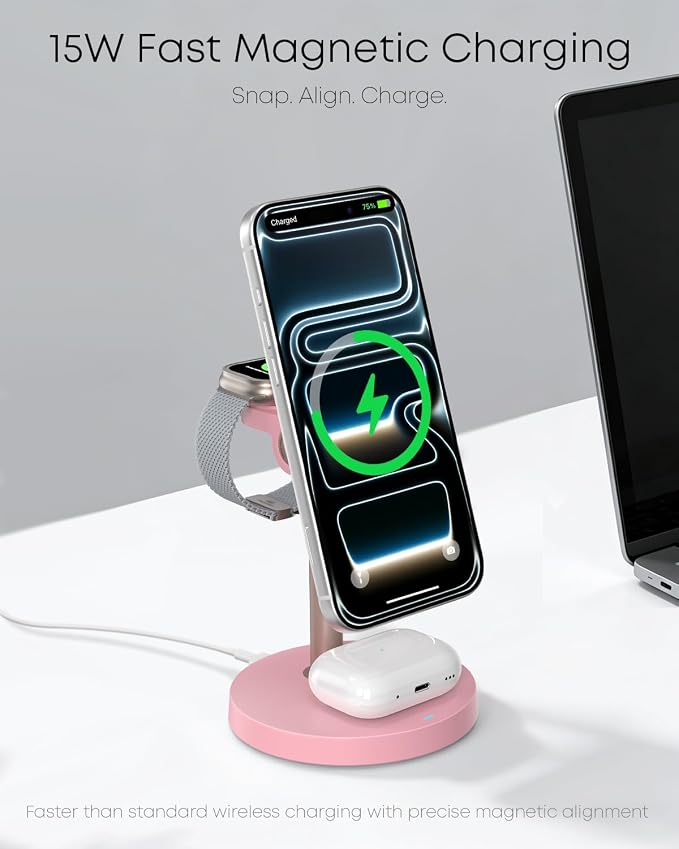 3 in 1 Magnetic Wireless Charging Station, 15W Fast Charger Stand for iPhone, Phone Charger Stand for Desk Nightstand, for iPhone 17/16/15/14/13/12, Apple Watch & AirPods, Adapter Not Included -Pink