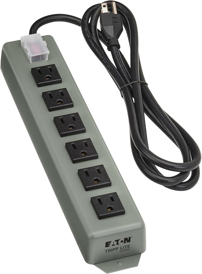 Eaton Tripp Lite Series 6-Outlet Heavy Duty Power Strip, Metal, Mountable (Wall Mount & Under Desk), 6ft Extension Cord, On/Off Switch Cover, Industrial Garage Shop Work Bench Applications (6SP)