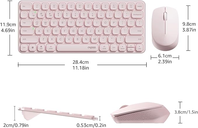 Rapoo Multi-Device Keyboard and Mouse Combo, 2.4GHz/Bluetooth 5.0/4.0 Wireless Keyboard & Mouse Set for Windows/Mac/Linux/Chrome, Support 4 Devices, Low-Profile Silent Click, Battery Powered, Pink