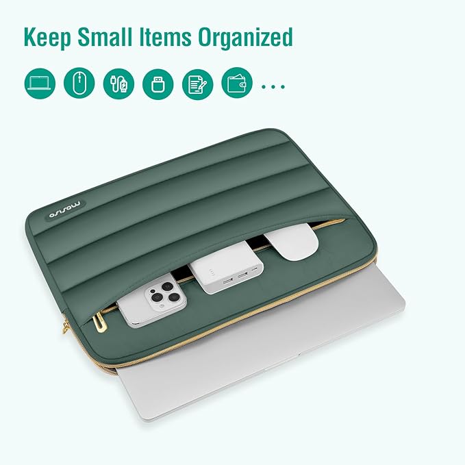 MOSISO Laptop Case 16 inch, 15-15.6 inch Puffy Laptop Sleeve Compatible with MacBook Pro 16 M5 M4 M3 M2 M1, HP Dell ASUS Acer Toshiba Lenovo, Polyester Horizontal Bag with Small Case, Emerald Green