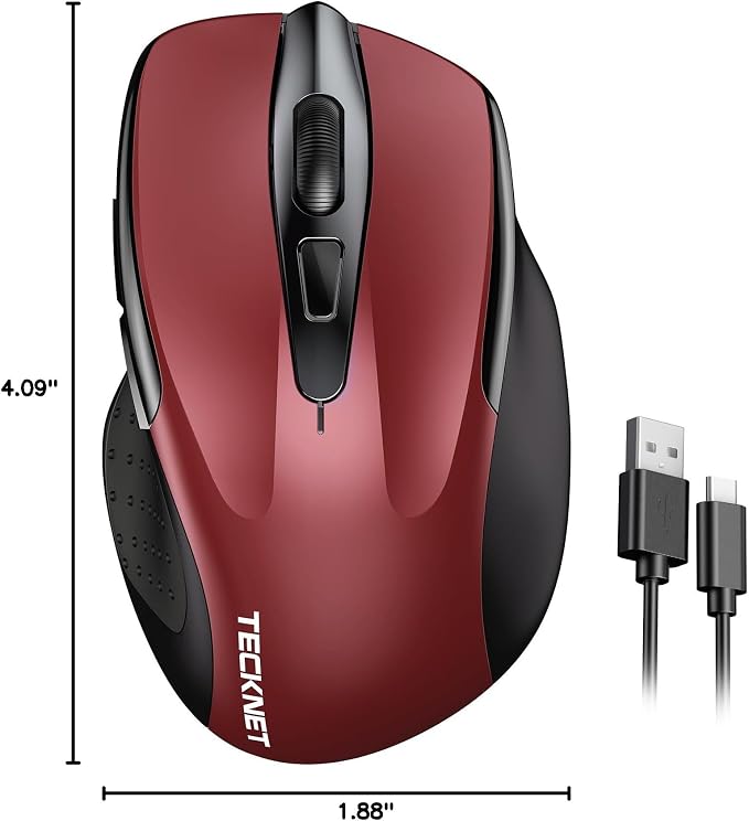 TECKNET Wireless Mouse Rechargeable, 2.4G USB-A Silent Mouse, Quiet Click, 6 Adjustable 4800 DPI, Cordless Computer Mice, Ergonomic Mice for Laptop, 6 Buttons for Chromebook, Ergo Grip - Red